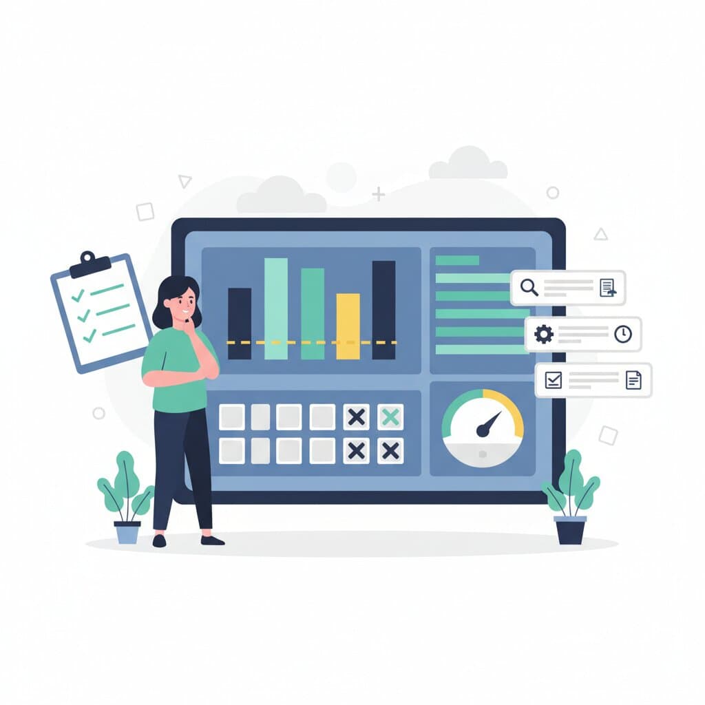 Illustration of a person thinking in front of a dashboard of benchmark bar charts, pass and fail checkboxes, and a speed gauge